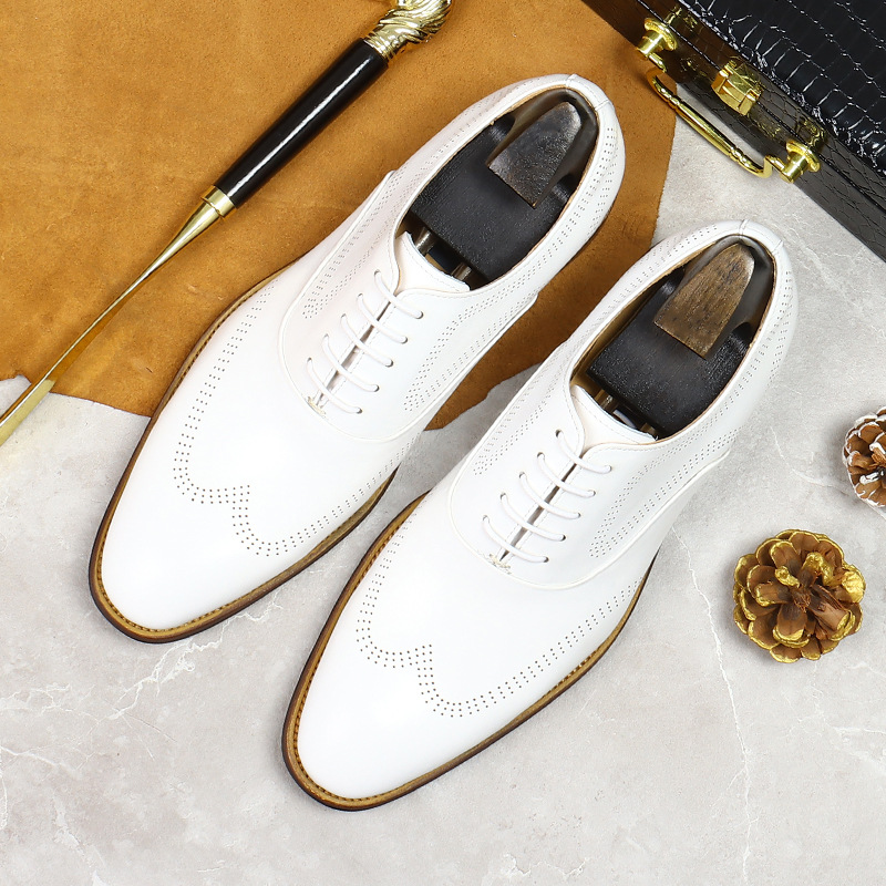 Oxford Shoes Brogue - White Concise Wear-Resistant Genuine Leather Brogue