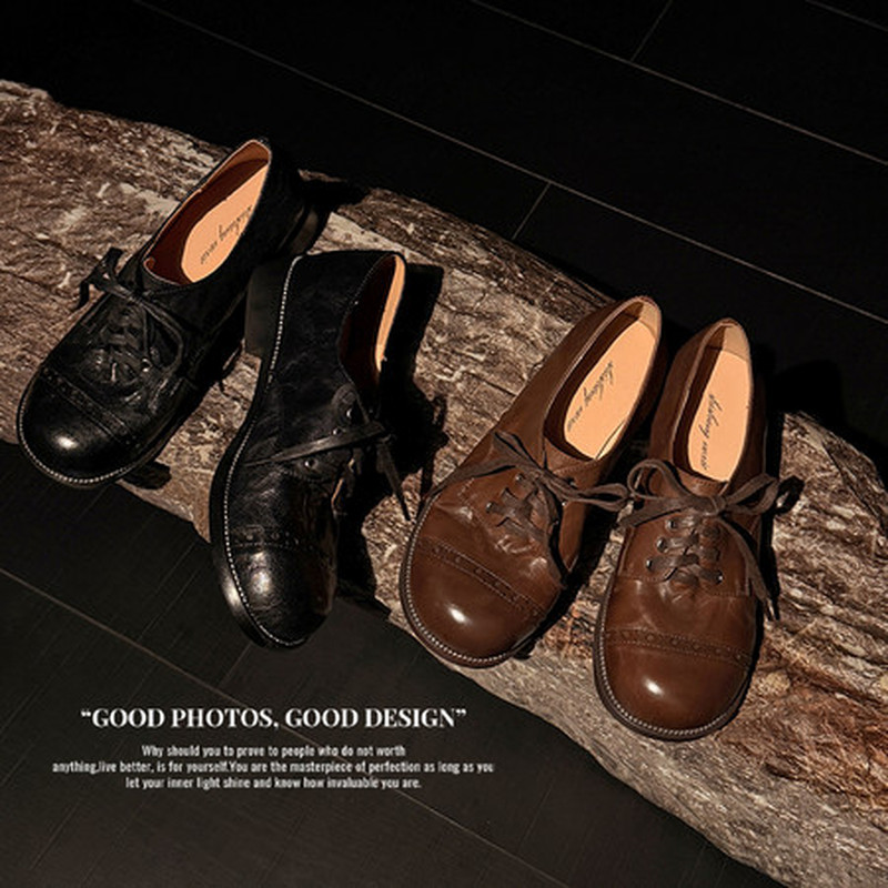 Retro Crinkle Washed Cow Leath - Oxford Shoes Brogue 评论和价格